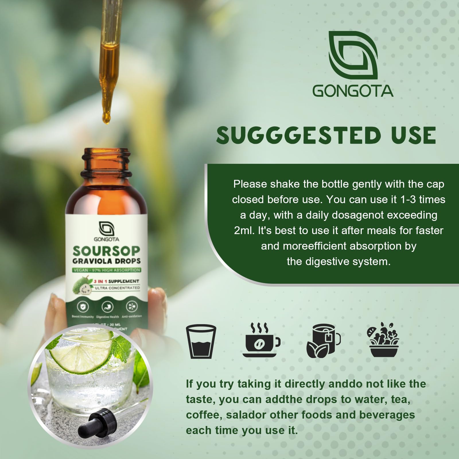 Gongota Liquid Drops label detail highlights sugar-free and gluten-free attributes.