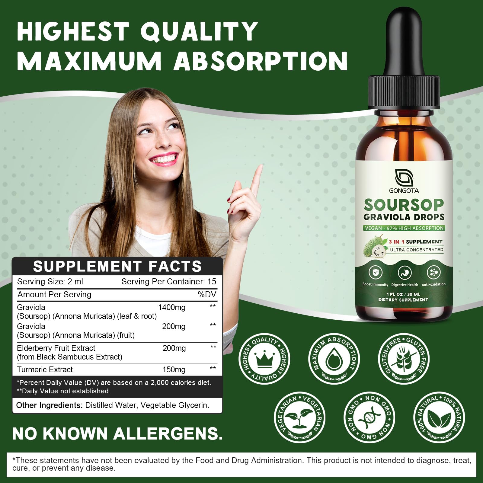 Gongota Soursop Drops pour scene shows easy dosing for digestive comfort.