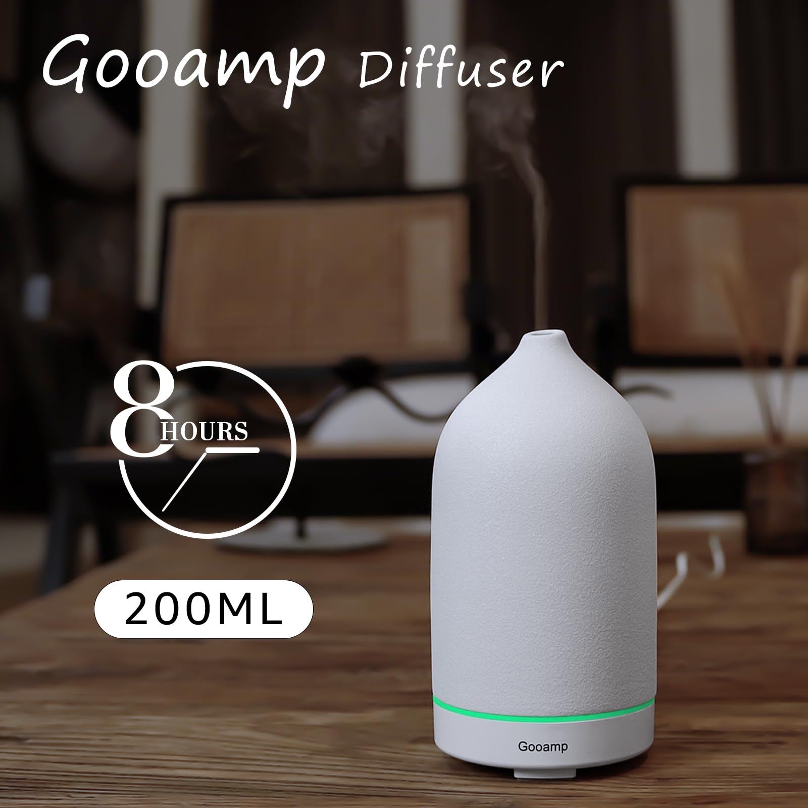 Gooamp ceramic diffuser with LED lights on for mood lighting