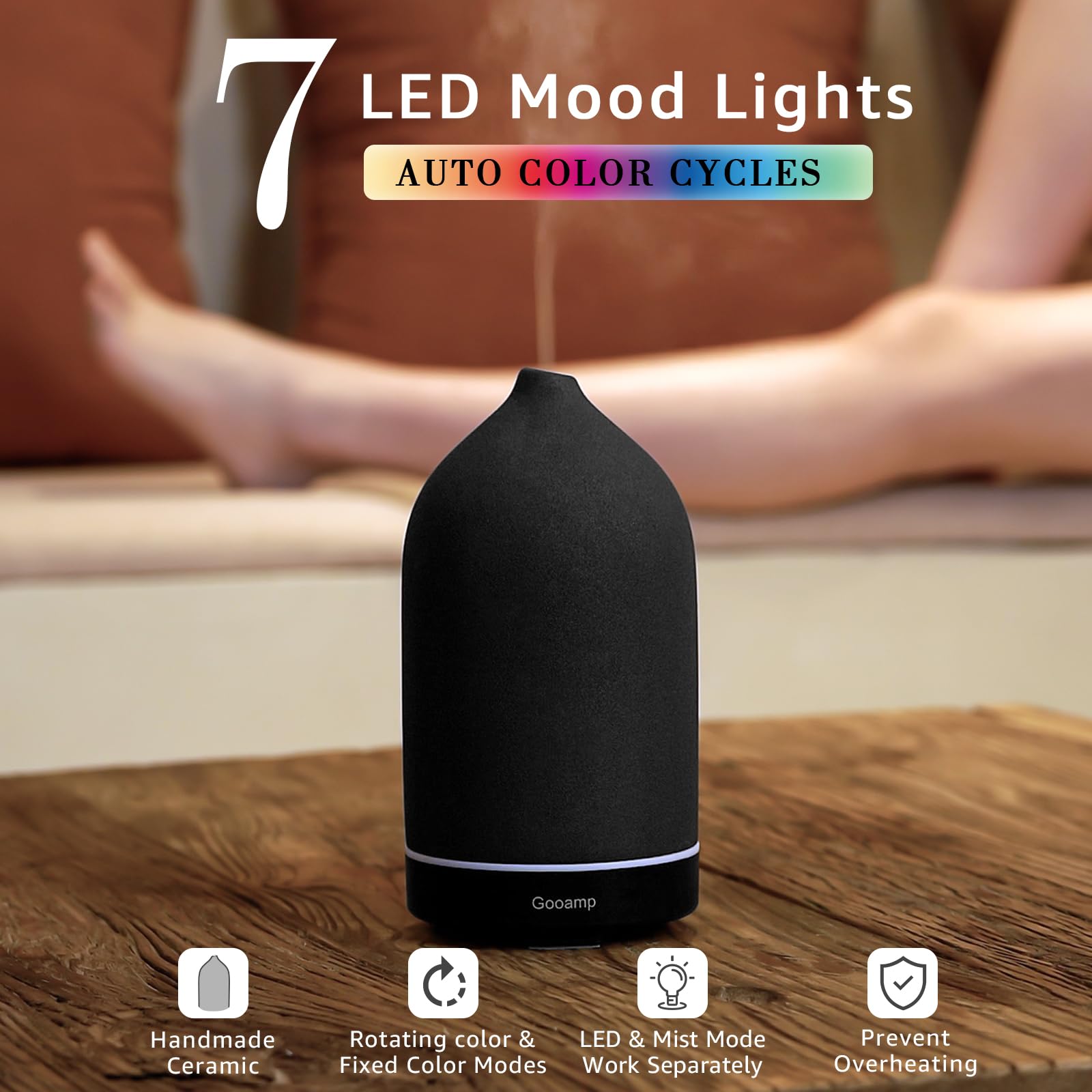 Gooamp diffuser with 7-color LED lights highlighting mood options
