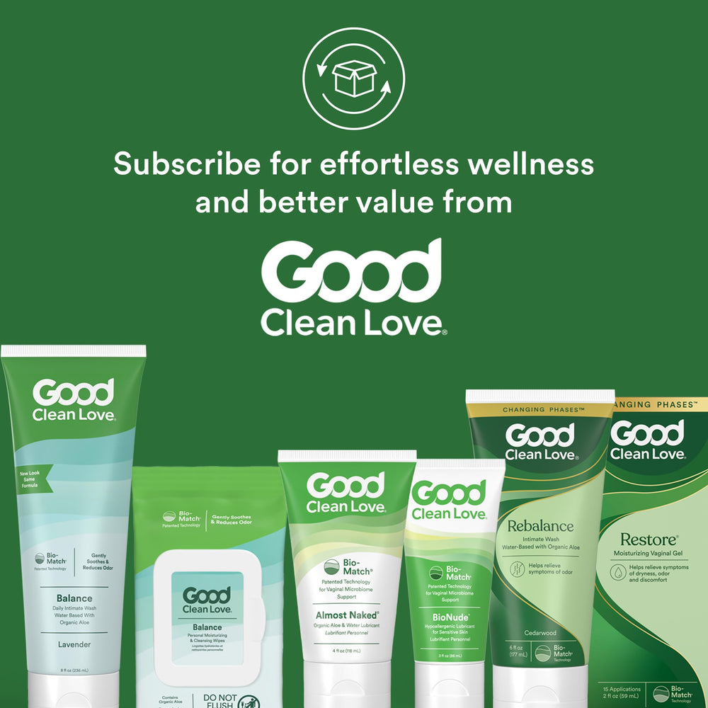 Bathroom scene with Good Clean Love Rehydrate for nightly moisture routine.