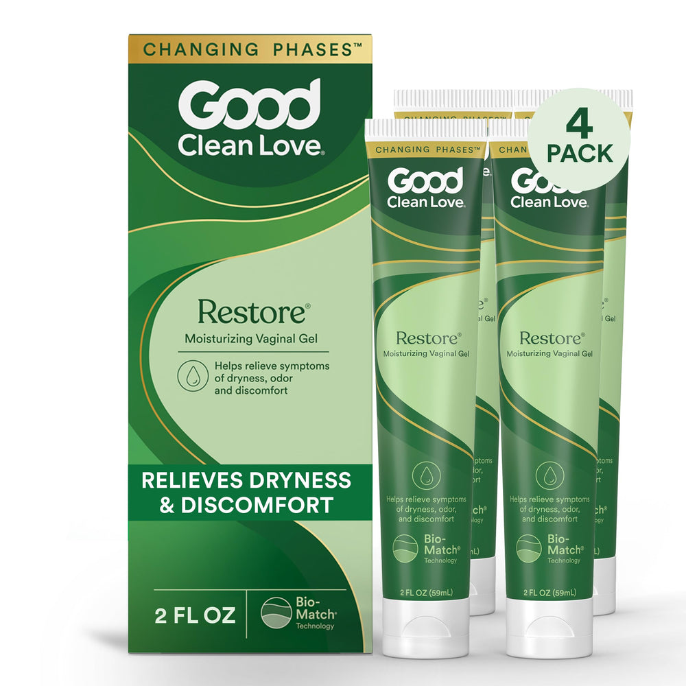Good Clean Love Restore gel bottle close-up for pH-balanced vaginal hydration.