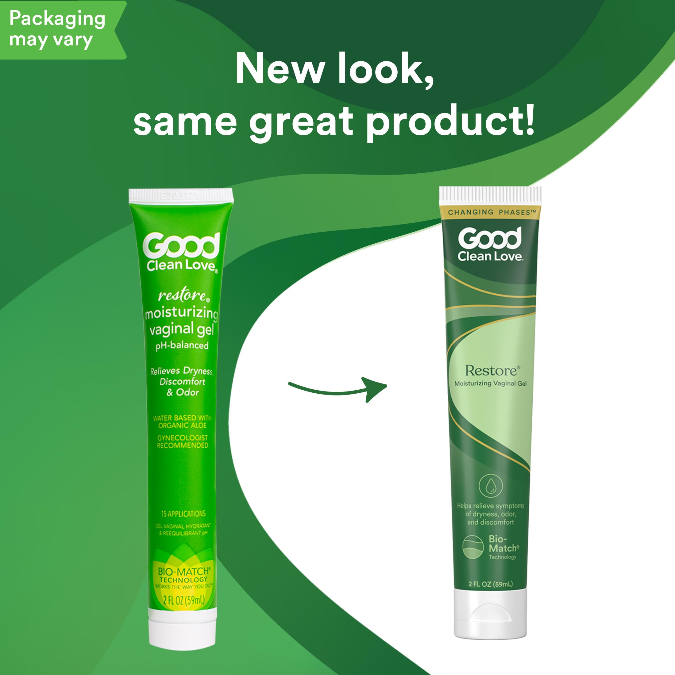 Good Clean Love Restore packaging shows compact 2 oz size for travel.