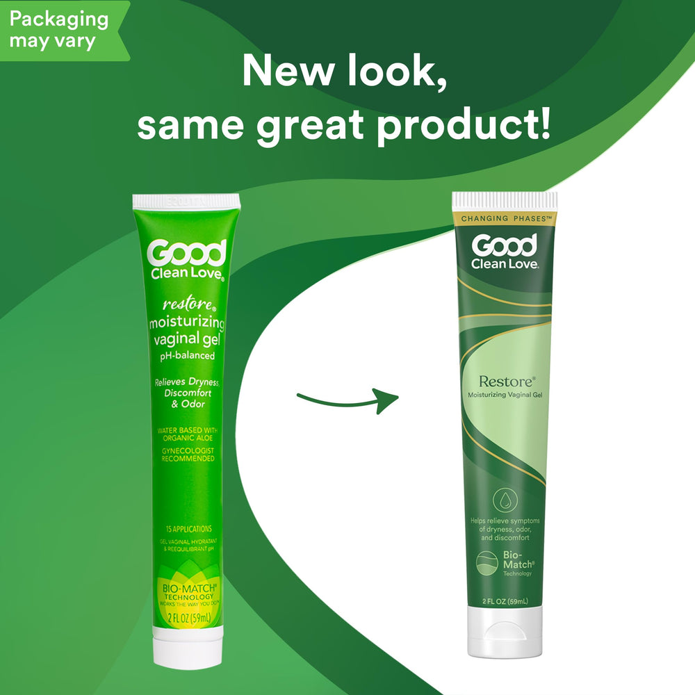 Good Clean Love Restore packaging shows compact 2 oz size for travel.