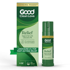 Good Clean Love vaginal pain relief gel 4% lidocaine bottle for fast soothing relief.
