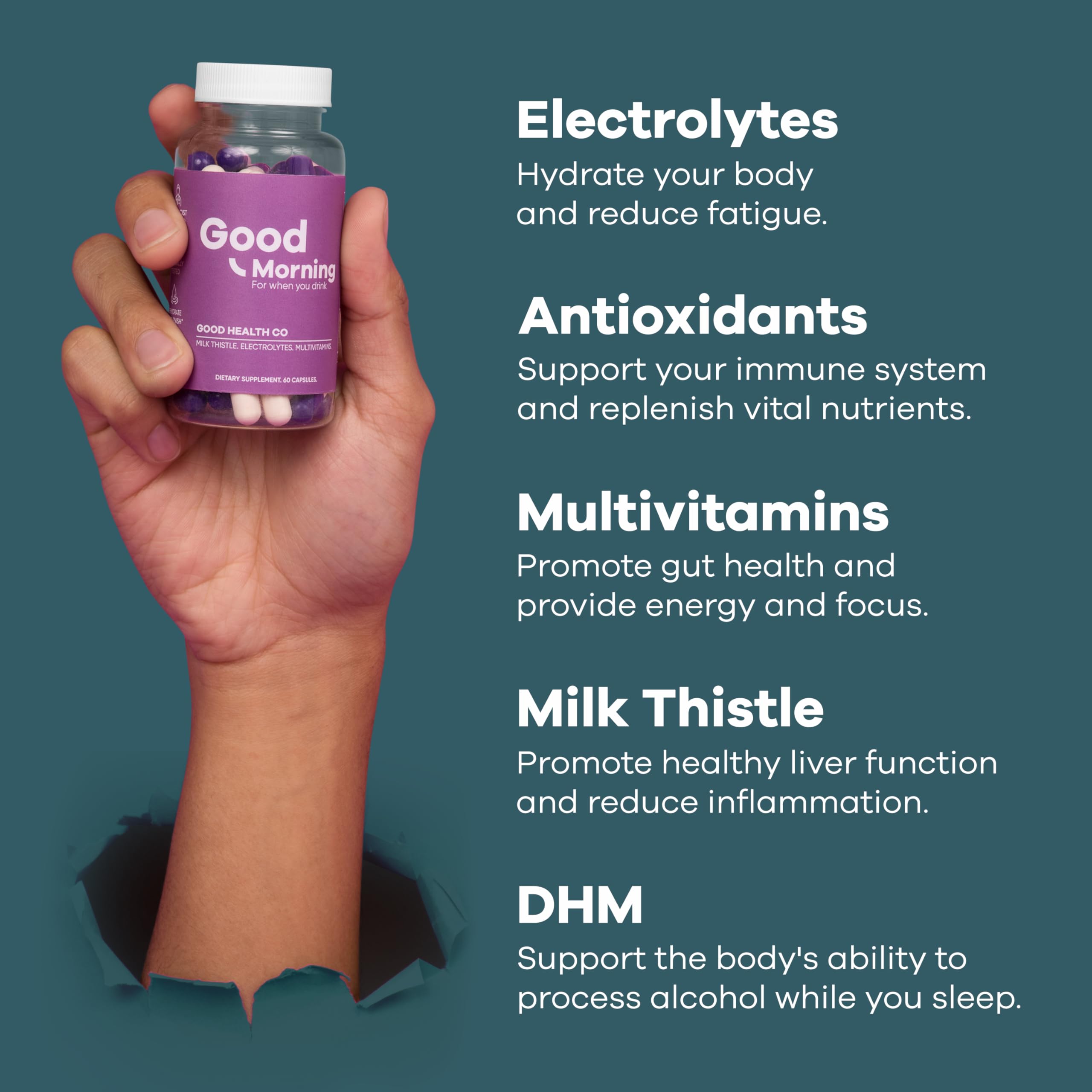 DHM and Milk Thistle capsules showcasing core ingredients.