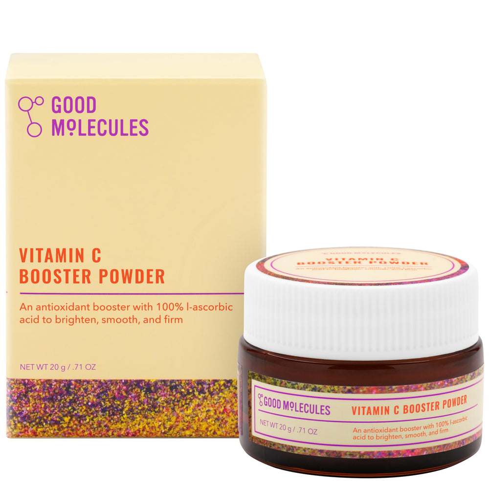 Good Molecules Vitamin C Booster Powder bottle closeup showing purity and stability.