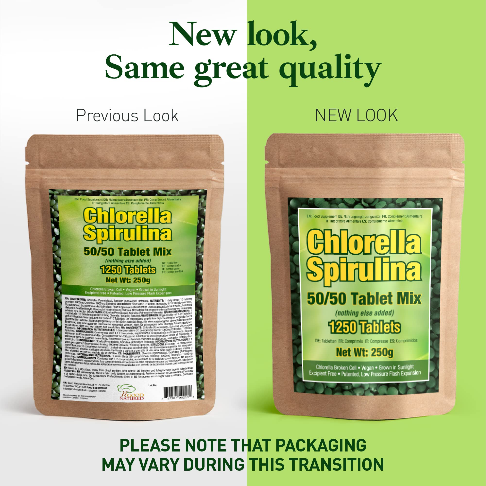 Good Natured 1250-tablet supply offers long-term nutritional support.