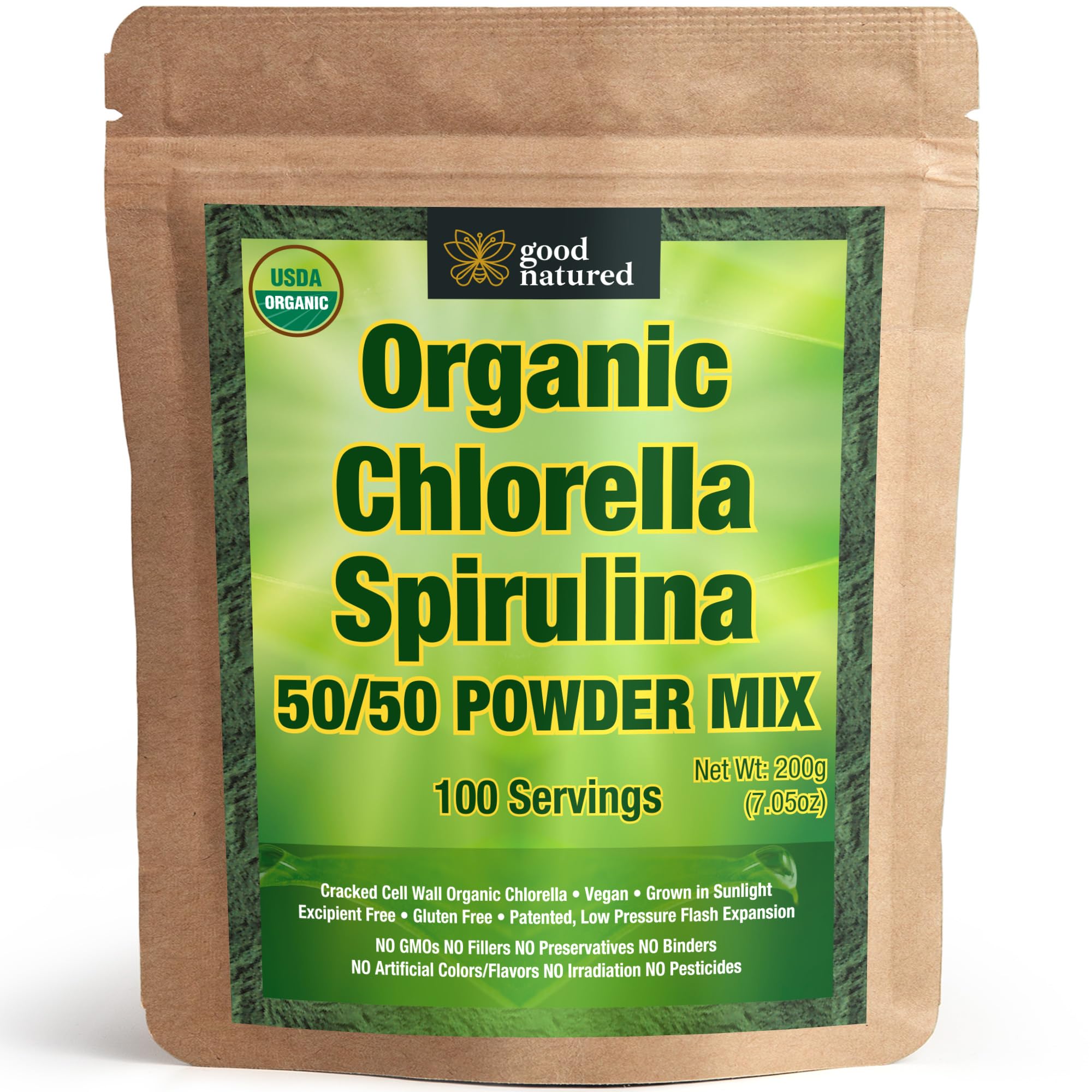 Good Natured organic spirulina chlorella label highlights vegan and organic origin