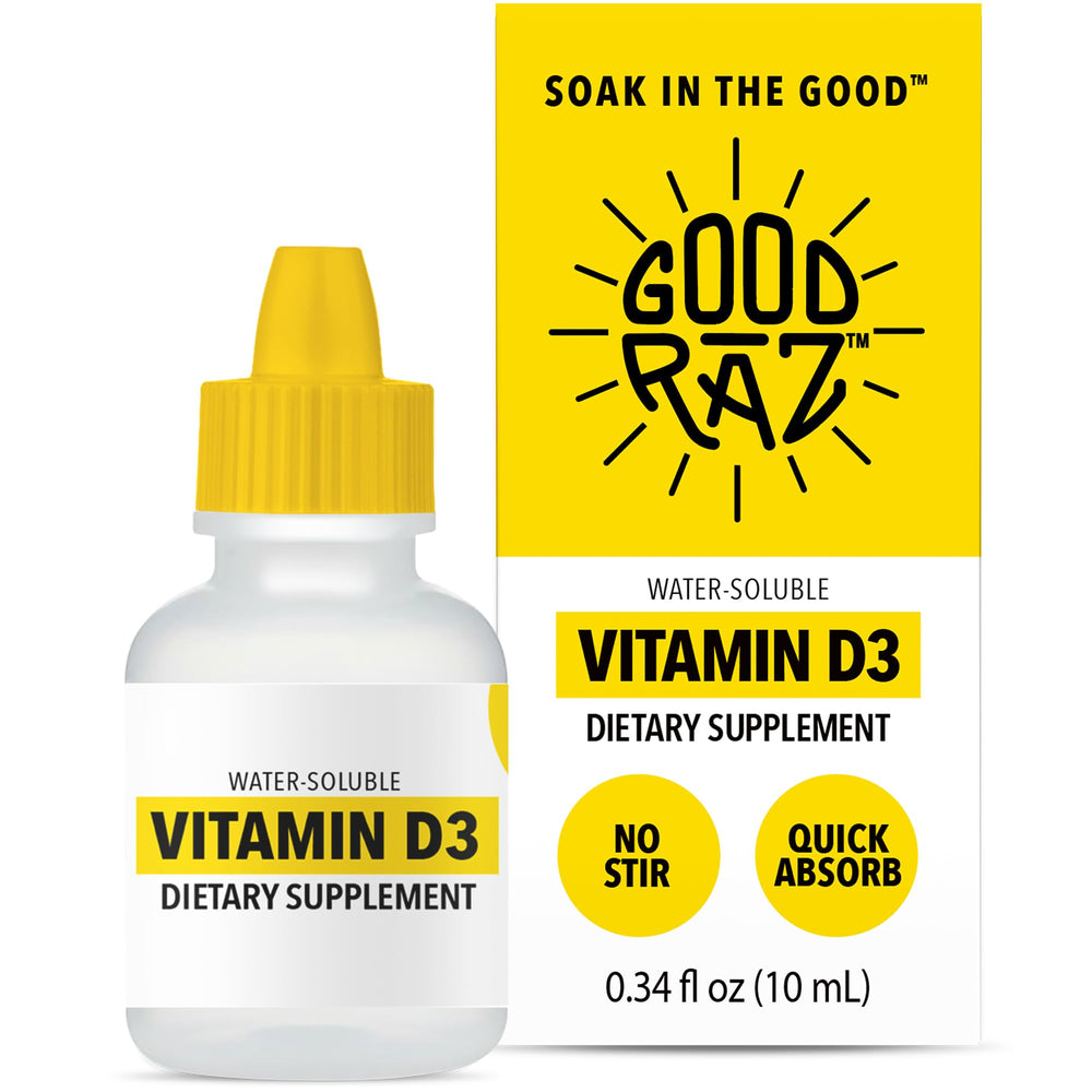 Good Raz Vitamin D3 Drops bottle on counter for easy daily dosing.
