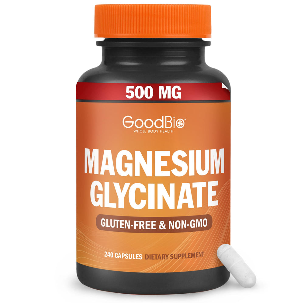 GOODBIO Magnesium Glycinate bottle front showing 500 mg per serving for daily support.