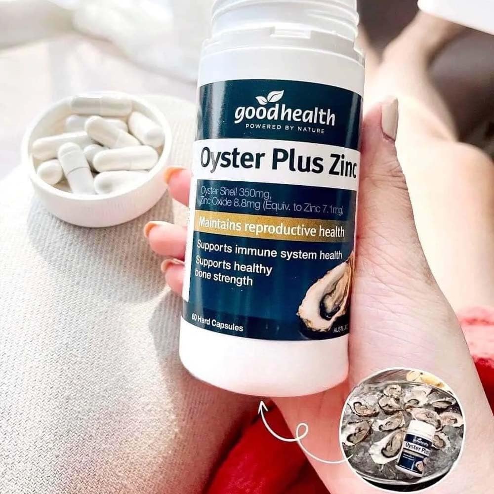 Goodhealth Oyster Plus capsules close-up showing zinc and taurine benefits.
