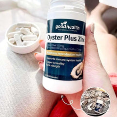 Goodhealth Oyster Plus capsules close-up showing zinc and taurine benefits.