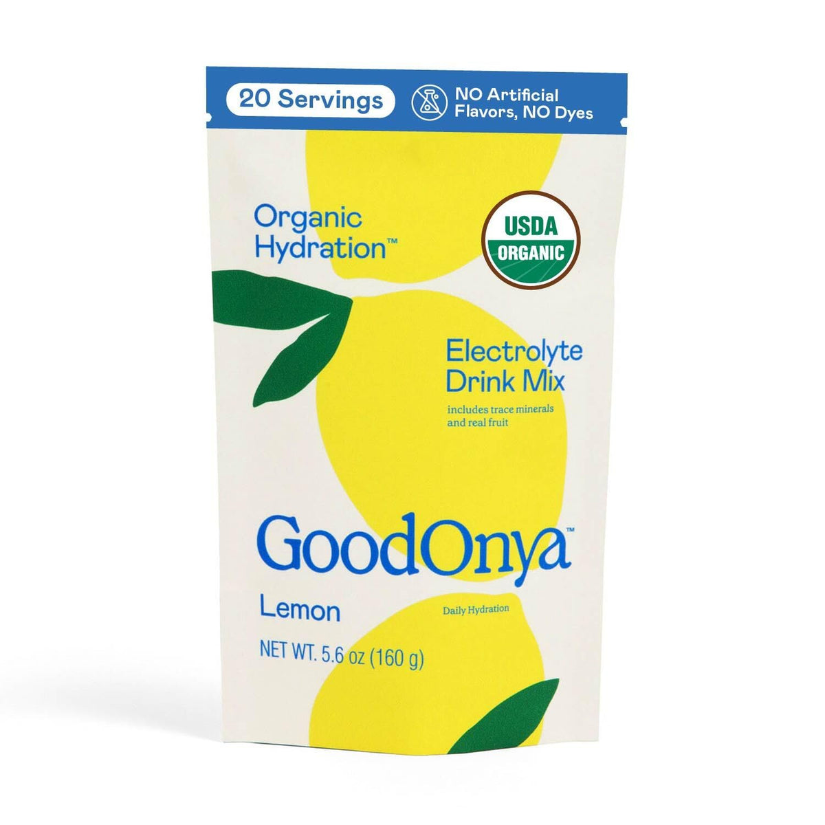 GOODONYA Organic Hydration tub label highlighting organic, non-GMO ingredients for daily refreshment.