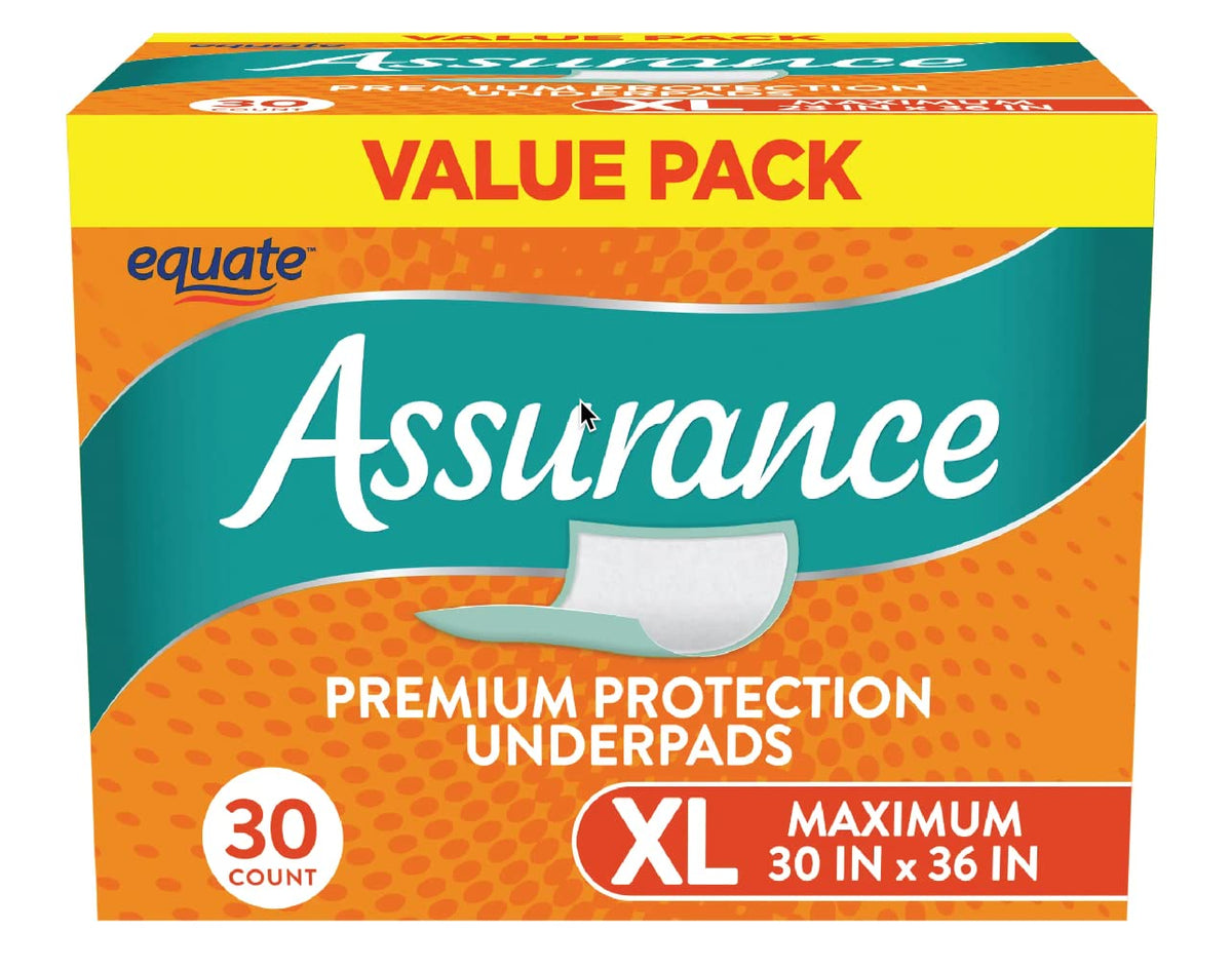 Goodscious Equate Assurance underpad folded packaging for compact storage and quick use.