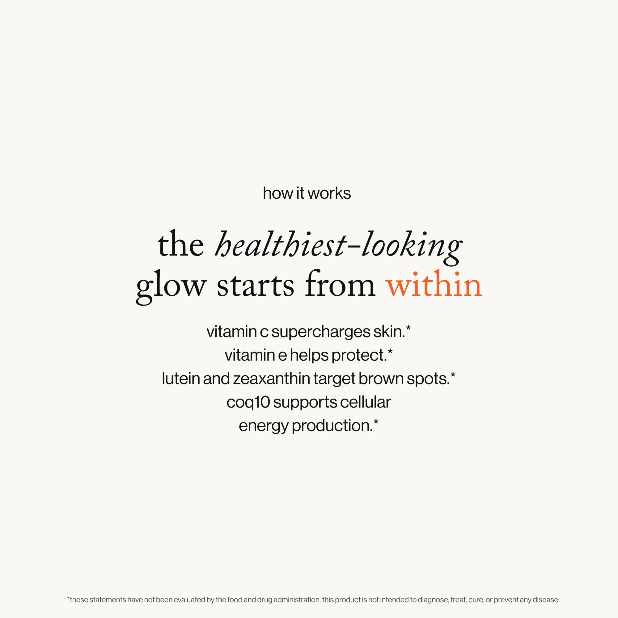 Goop Beauty Morning Skin Drink ingredient closeup; features vitamin C, E, and carotenoids.