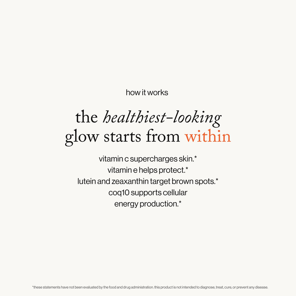 Goop Beauty Morning Skin Drink ingredient closeup; features vitamin C, E, and carotenoids.