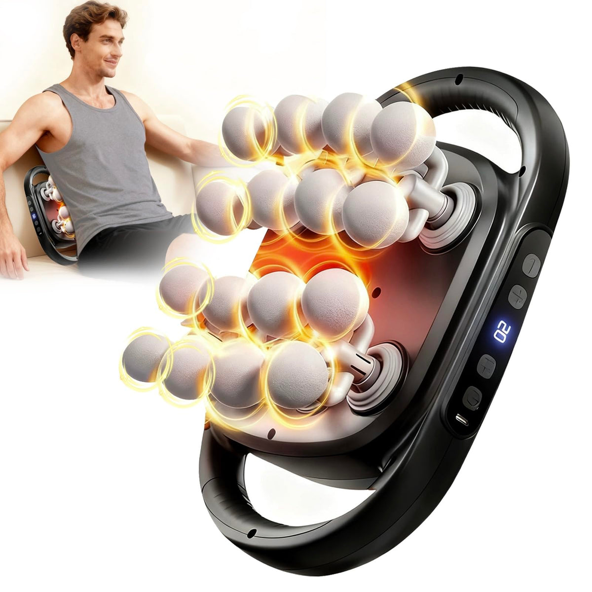 GooseFit 16-head massage gun targeting back and legs for deep relaxation