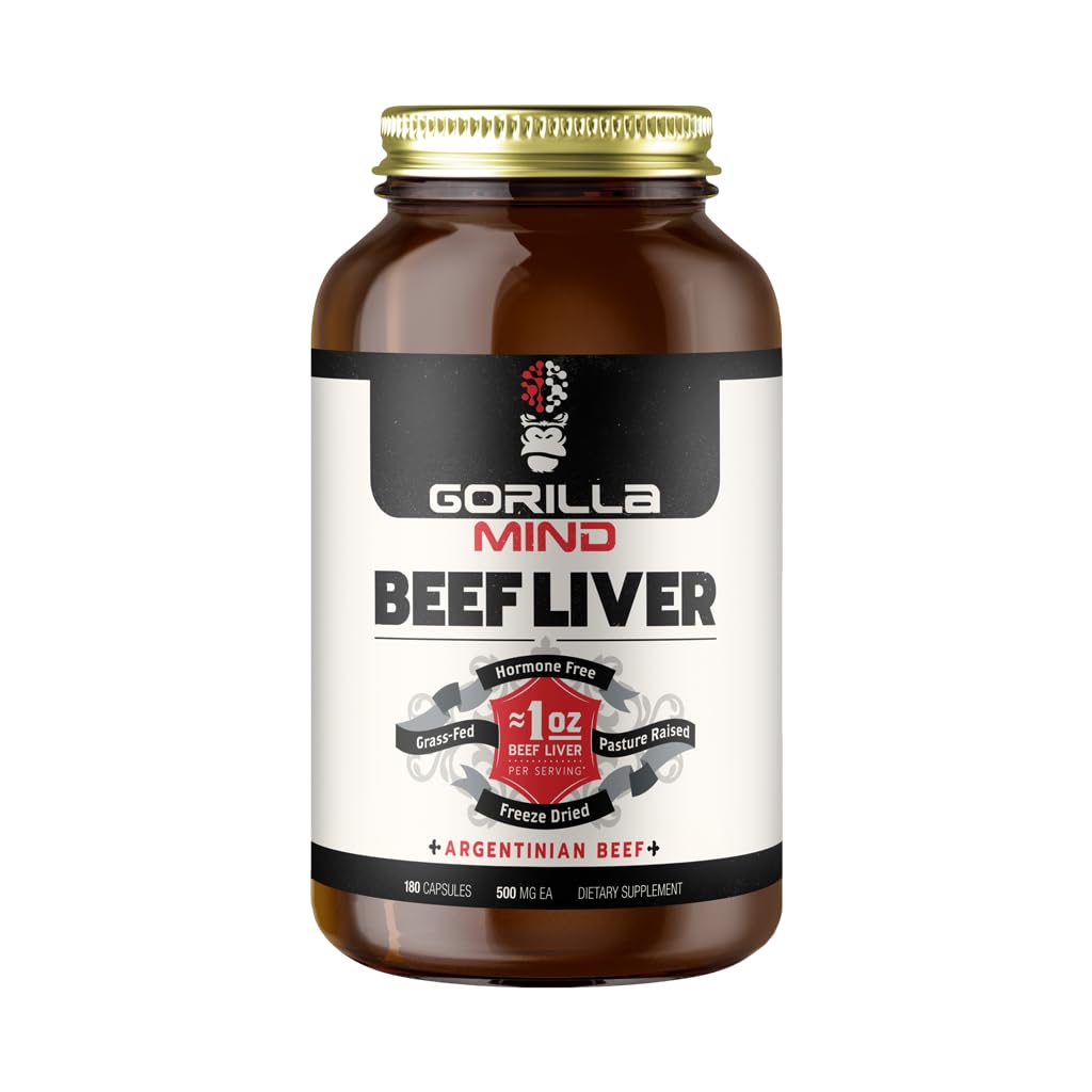Gorilla Mind beef liver bottle shows convenient, hormone-free supplement for daily nutrient support.