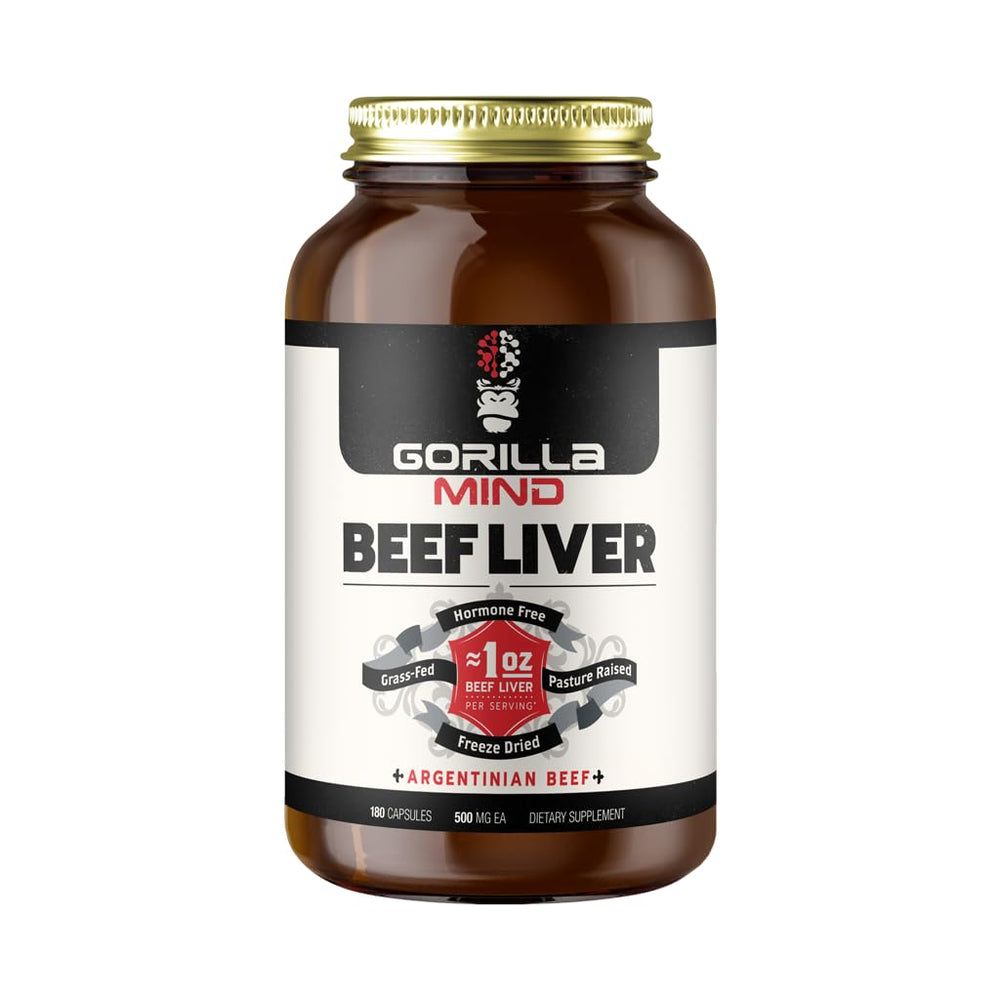 Gorilla Mind beef liver bottle shows convenient, hormone-free supplement for daily nutrient support.