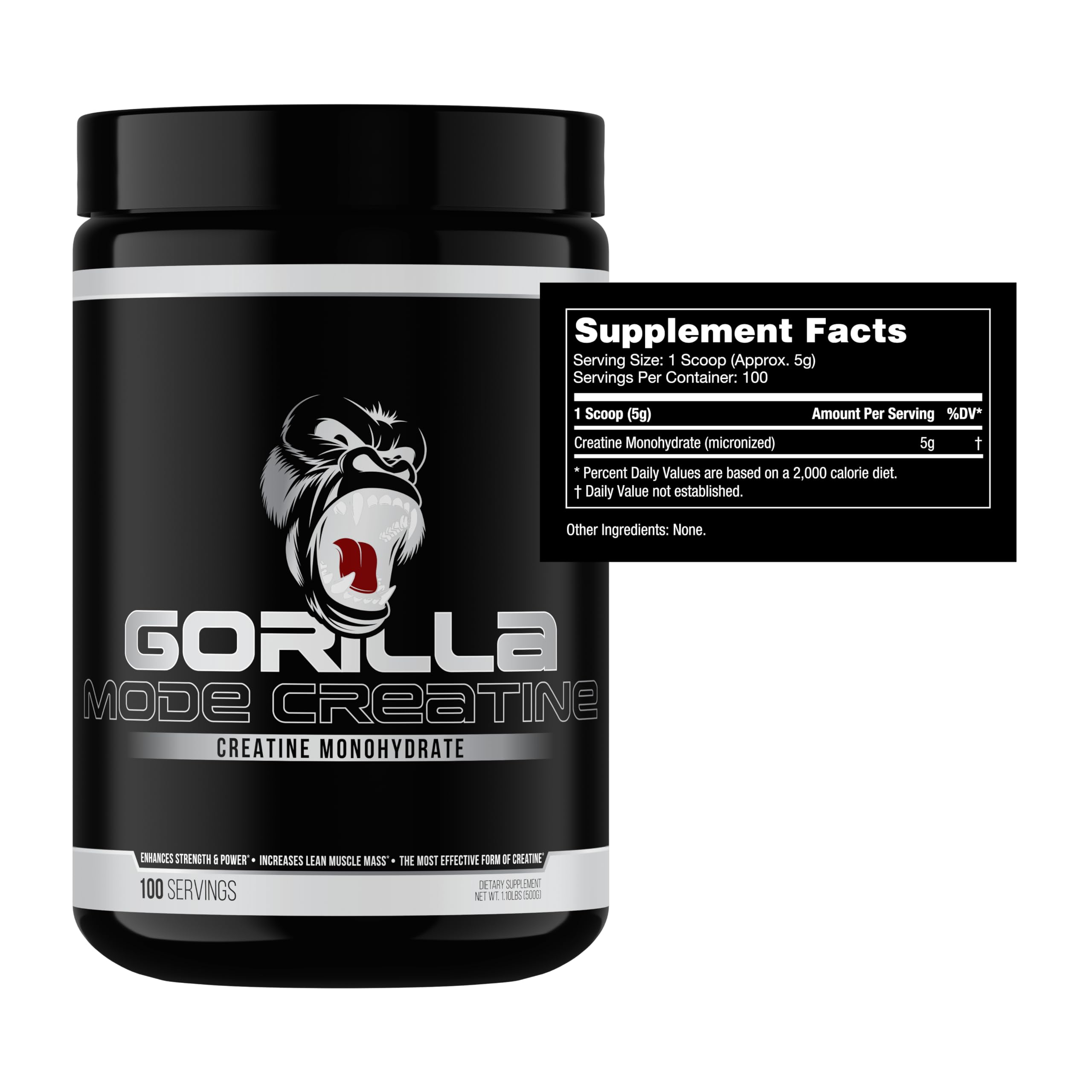 Gorilla Mind Creatine Monohydrate 100 servings container for daily use.