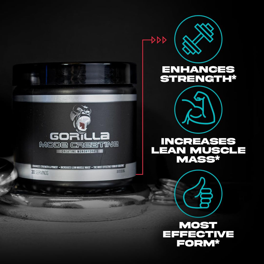 Packaging for Gorilla Mind Creatine Monohydrate highlights USA-made quality.