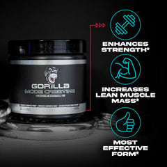 Packaging for Gorilla Mind Creatine Monohydrate highlights USA-made quality.