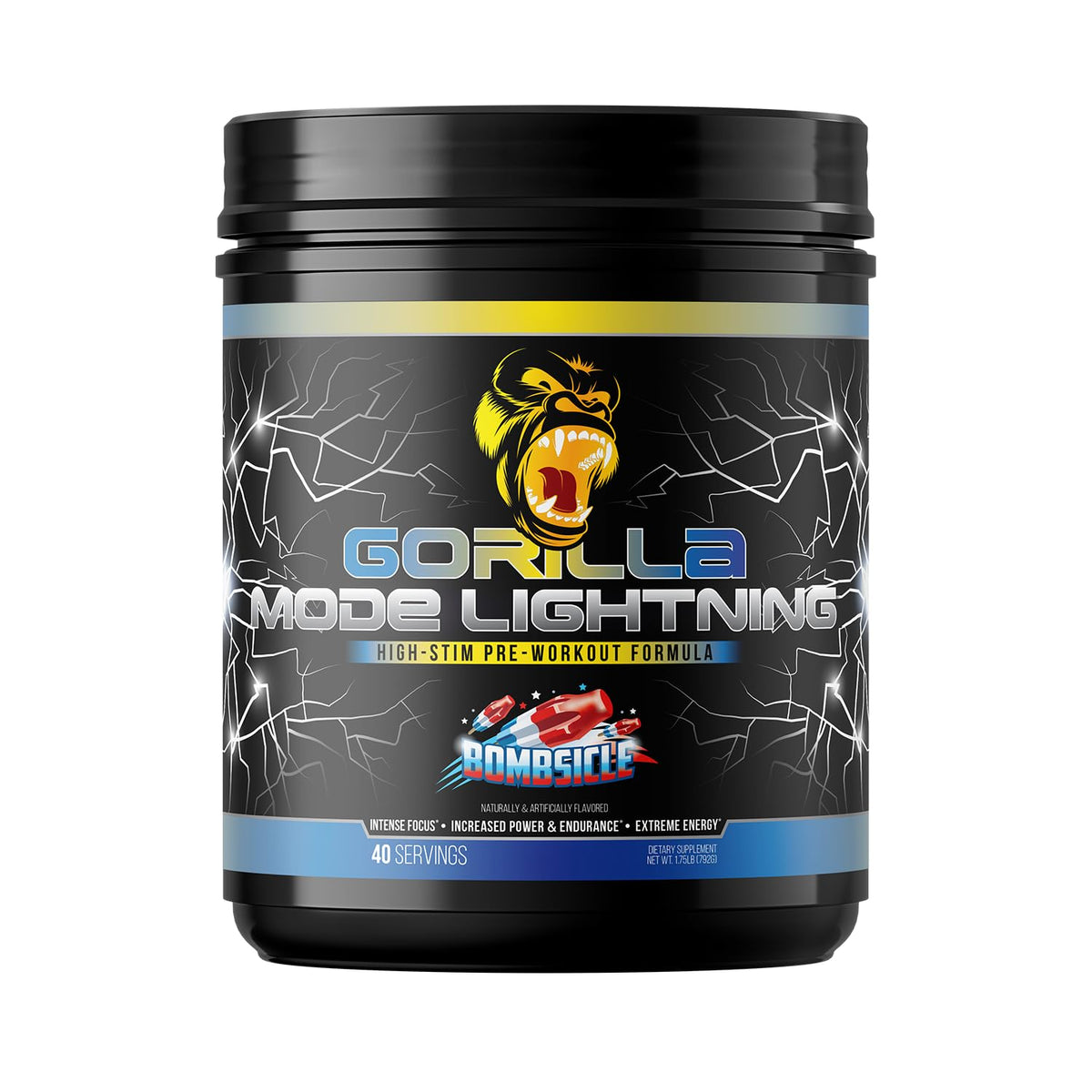 Gorilla Mind Gorilla Mode Lightning bottle showing premium pre-workout for intense workouts.