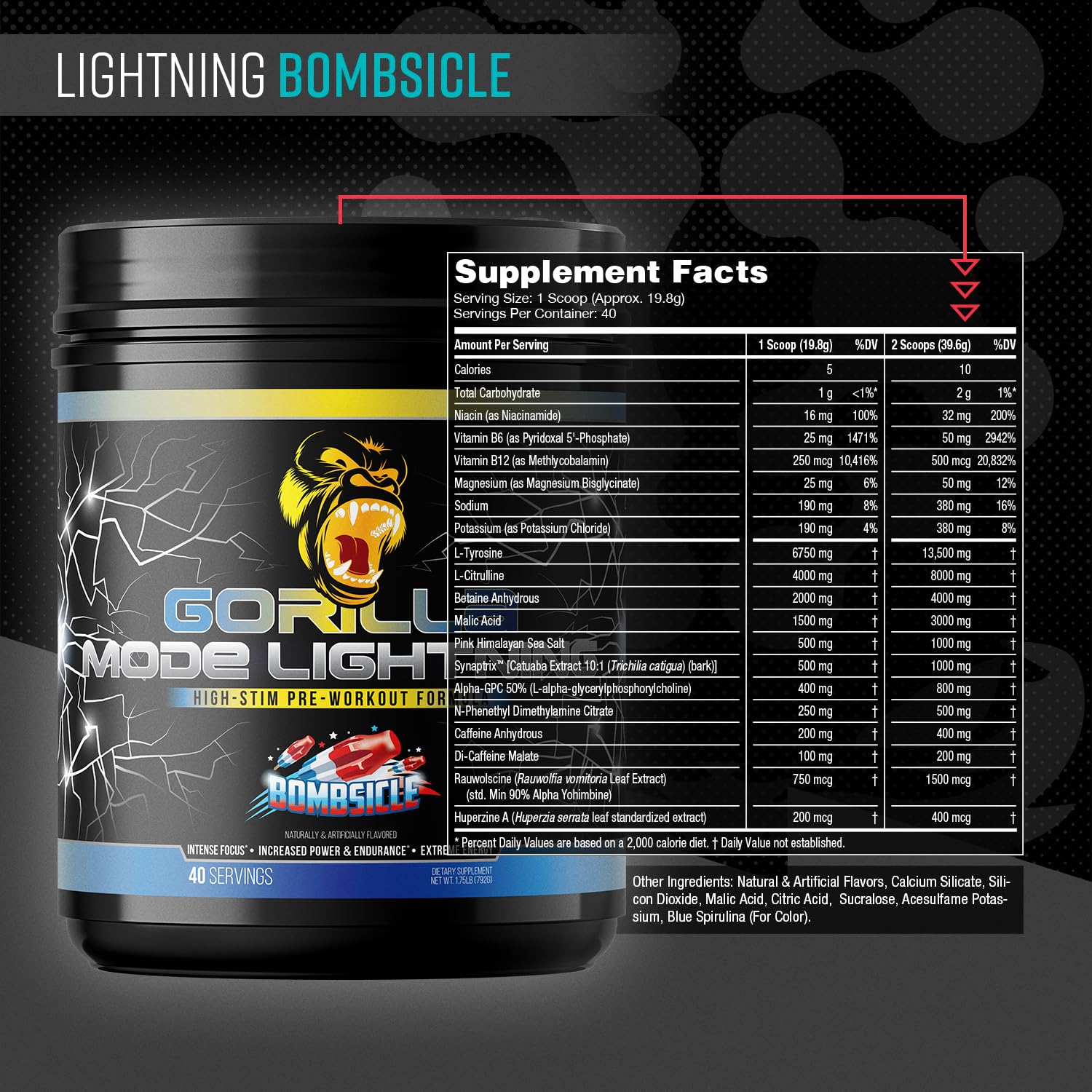 Gorilla Mind Gorilla Mode Lightning tub with label and dosage details for informed use.