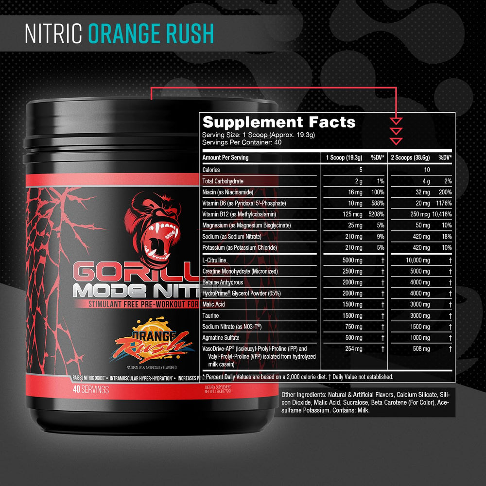 Gorilla Mind Nitric powder scoop shows precise dosing for strong pumps.
