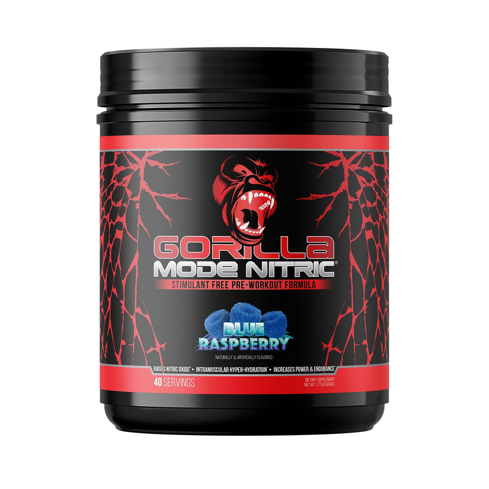 Gorilla Mind Gorilla Mode Nitric Upgraded blue raspberry tub with label and serving size