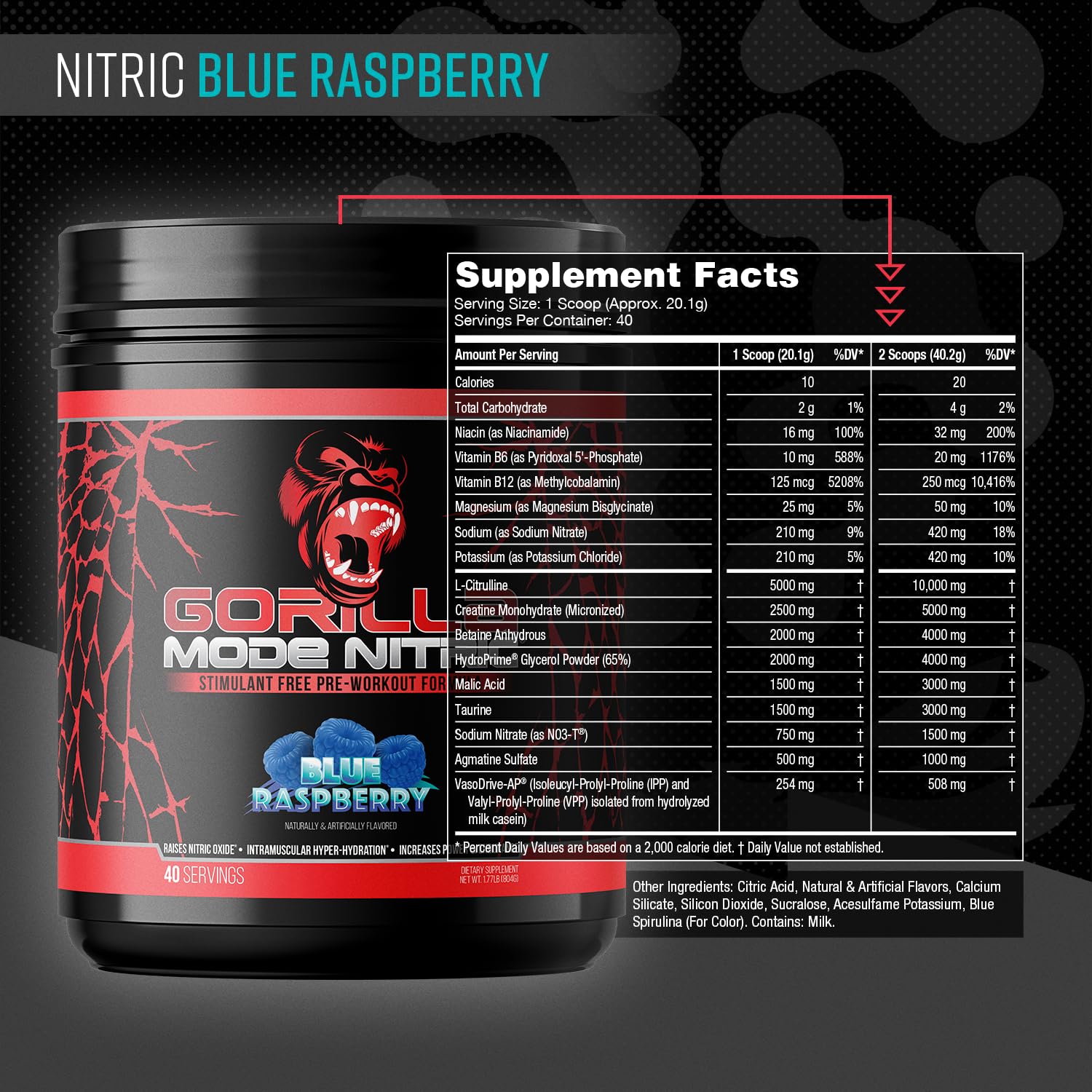 Measuring scoop next to Gorilla Mode Nitric Upgraded powder for easy dosing
