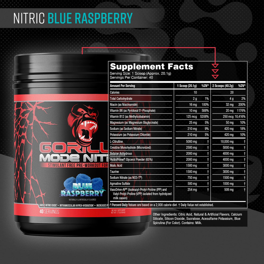 Measuring scoop next to Gorilla Mode Nitric Upgraded powder for easy dosing