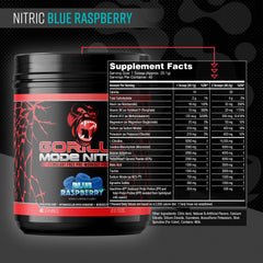 Measuring scoop next to Gorilla Mode Nitric Upgraded powder for easy dosing