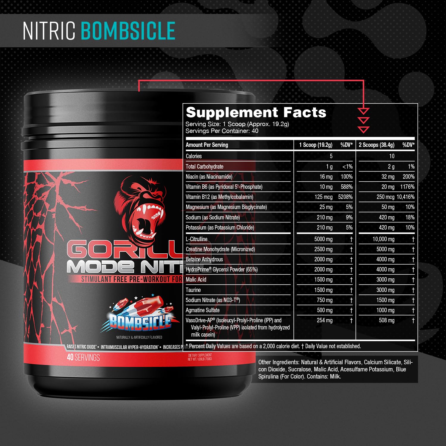 Gorilla Mode Nitric Upgraded powder scoop showing high-dose ingredients for pumps