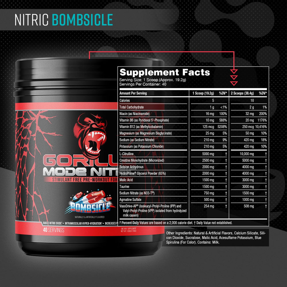 Gorilla Mode Nitric Upgraded powder scoop showing high-dose ingredients for pumps