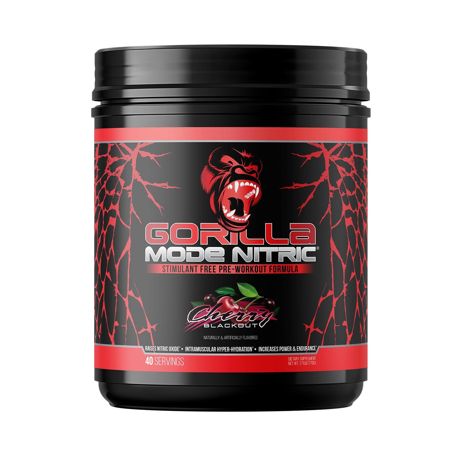 Gorilla Mind Gorilla Mode Nitric packaging highlights stimulant-free pumps and clean formula.