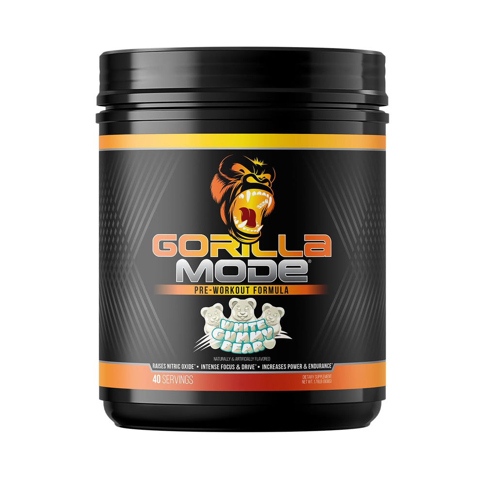 Gorilla Mind Pre Workout tub with scoop ready for use, boosting energy and focus.