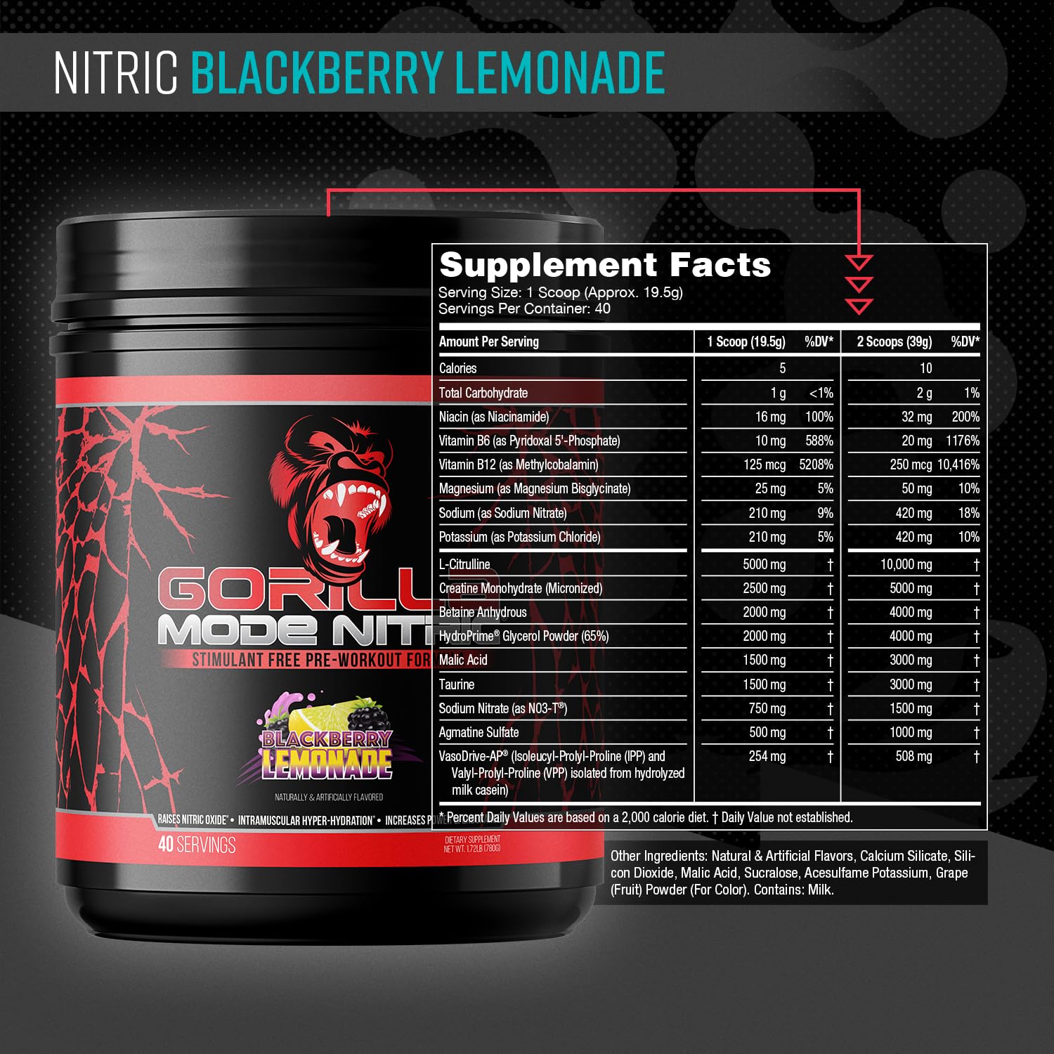 Powder scoop of Gorilla Mode Nitric Upgraded ready to mix for a potent pre-workout.