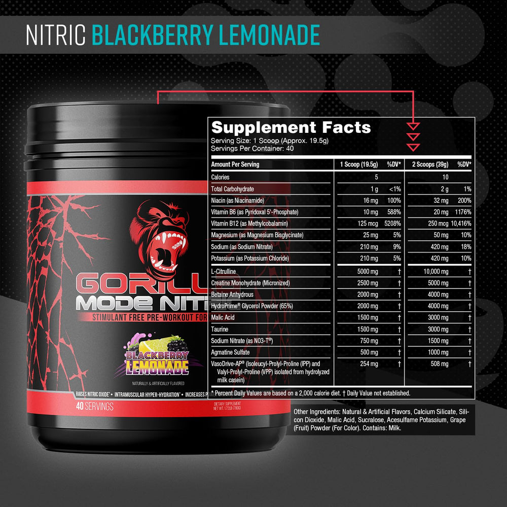 Powder scoop of Gorilla Mode Nitric Upgraded ready to mix for a potent pre-workout.