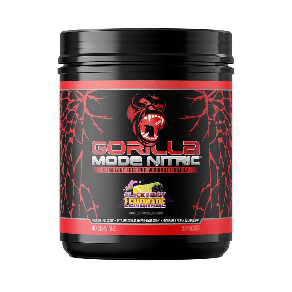 Gorilla Mind Gorilla Mode Nitric Upgraded tub with BlackBerry Lemonade flavor, signaling strong pumps.