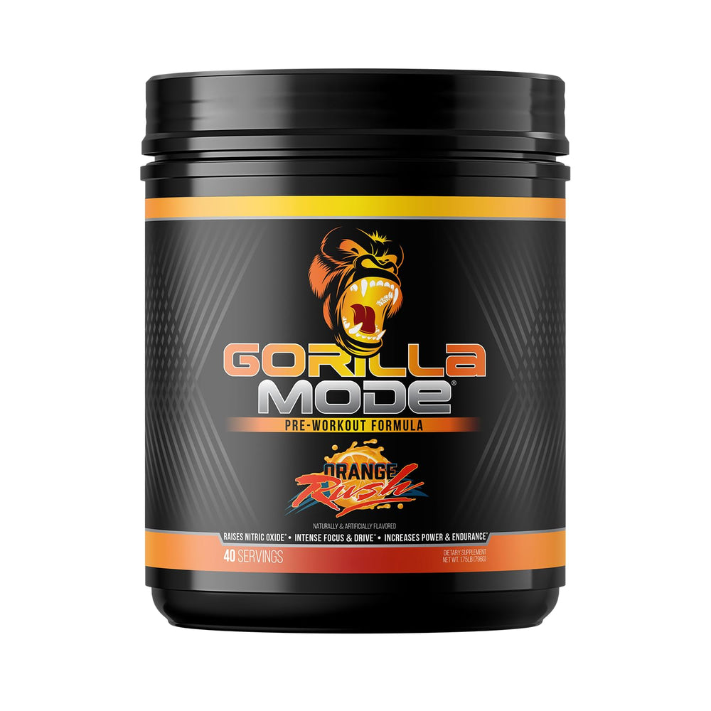 Gorilla Mind Gorilla Mode Orange Rush bottle front view highlighting potent pre-workout formula for pumps