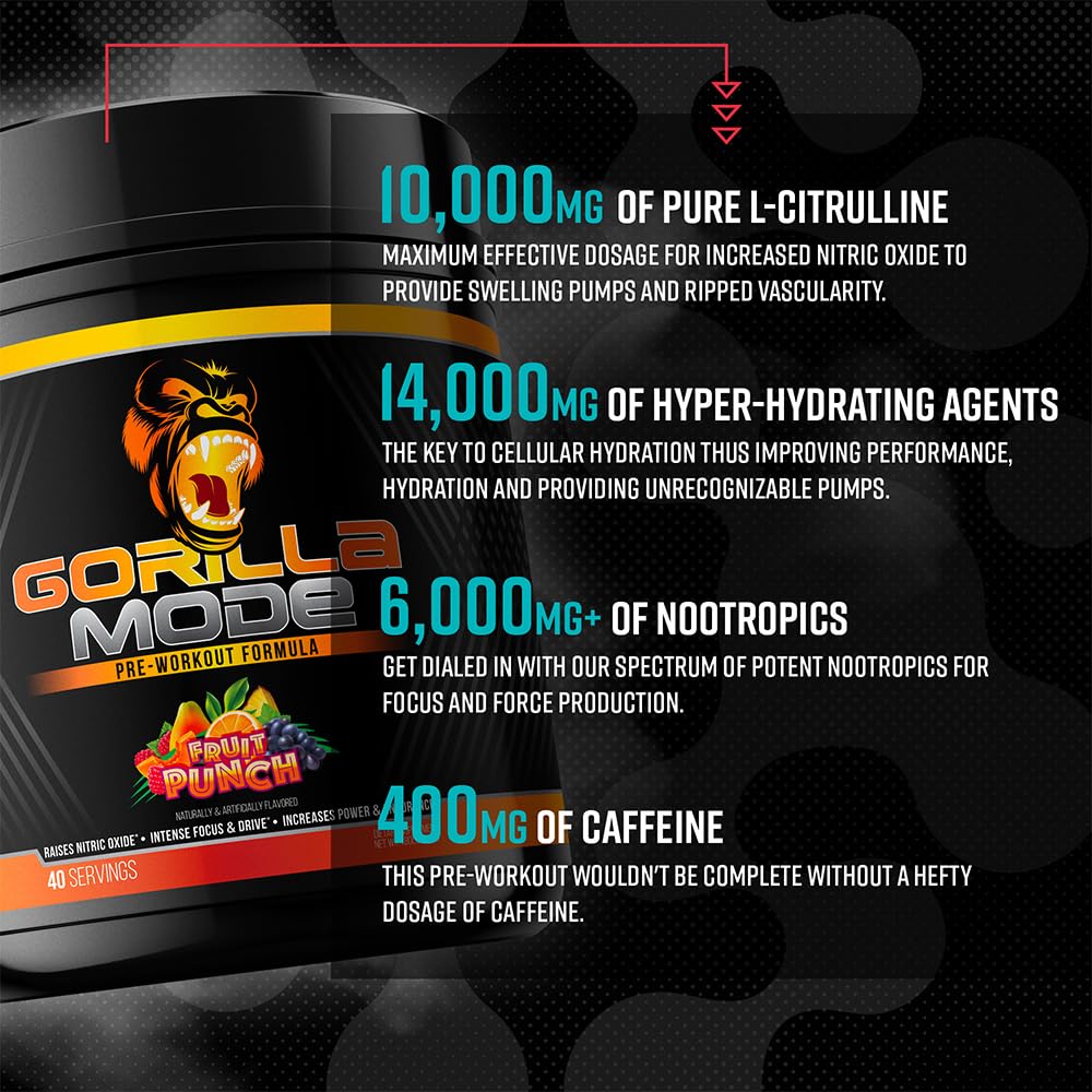 Gorilla Mind Gorilla Mode Orange Rush ingredients list close-up underlines comprehensive energy complex