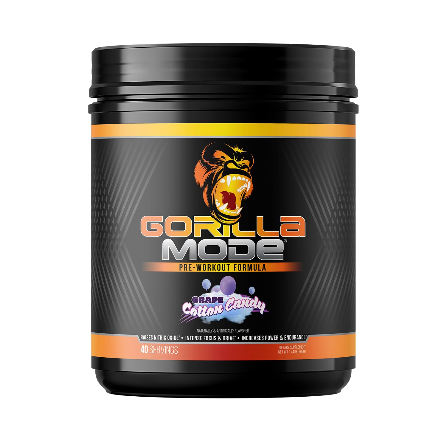 Gorilla Mind Gorilla Mode pre-workout bottle in Cotton Candy Grape flavor for powerful pumps.