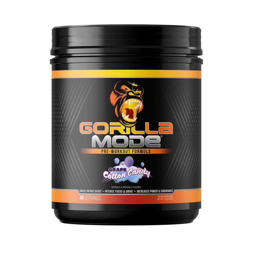 Gorilla Mind Gorilla Mode pre-workout bottle in Cotton Candy Grape flavor for powerful pumps.