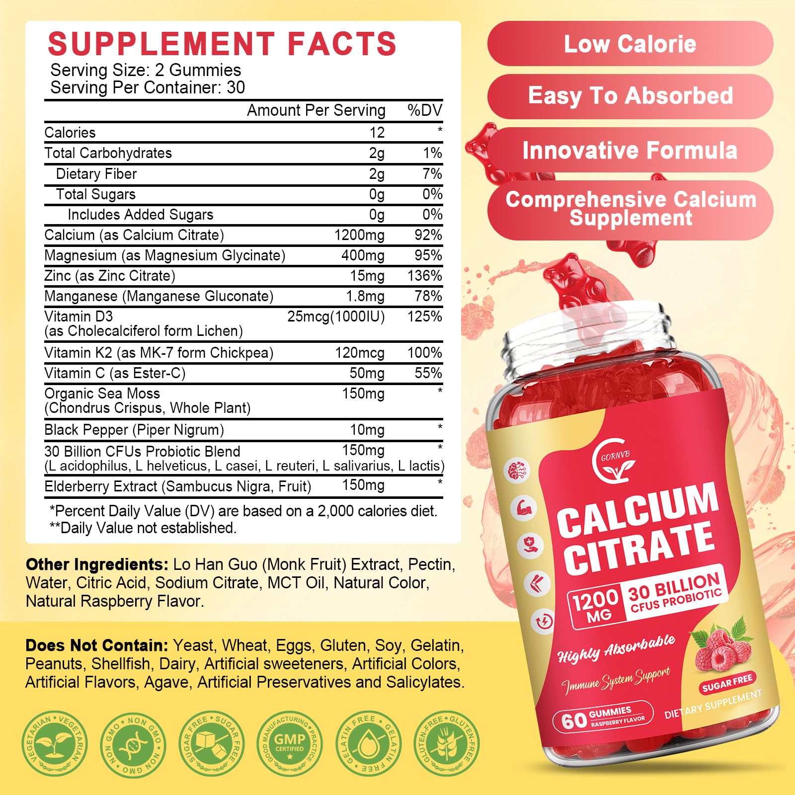 GORNVB calcium gummies close-up highlighting raspberry flavor and chewy texture.