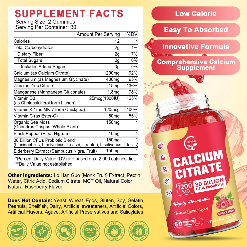 GORNVB calcium gummies close-up highlighting raspberry flavor and chewy texture.
