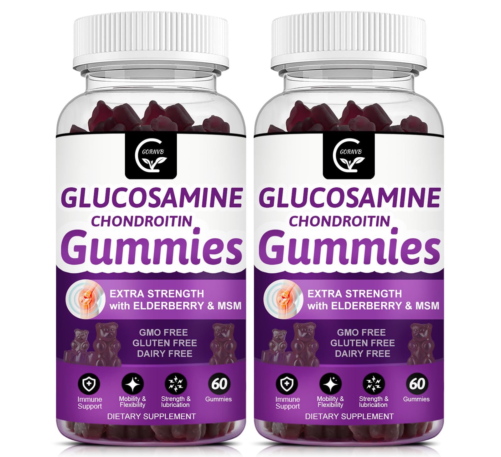 GORNVB glucosamine chondroitin gummies bottle showing bite-sized chews for joint comfort.