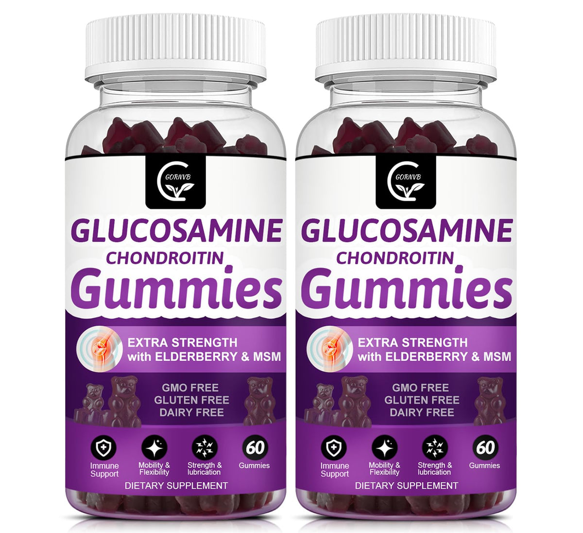 GORNVB glucosamine chondroitin gummies bottle showing bite-sized chews for joint comfort.