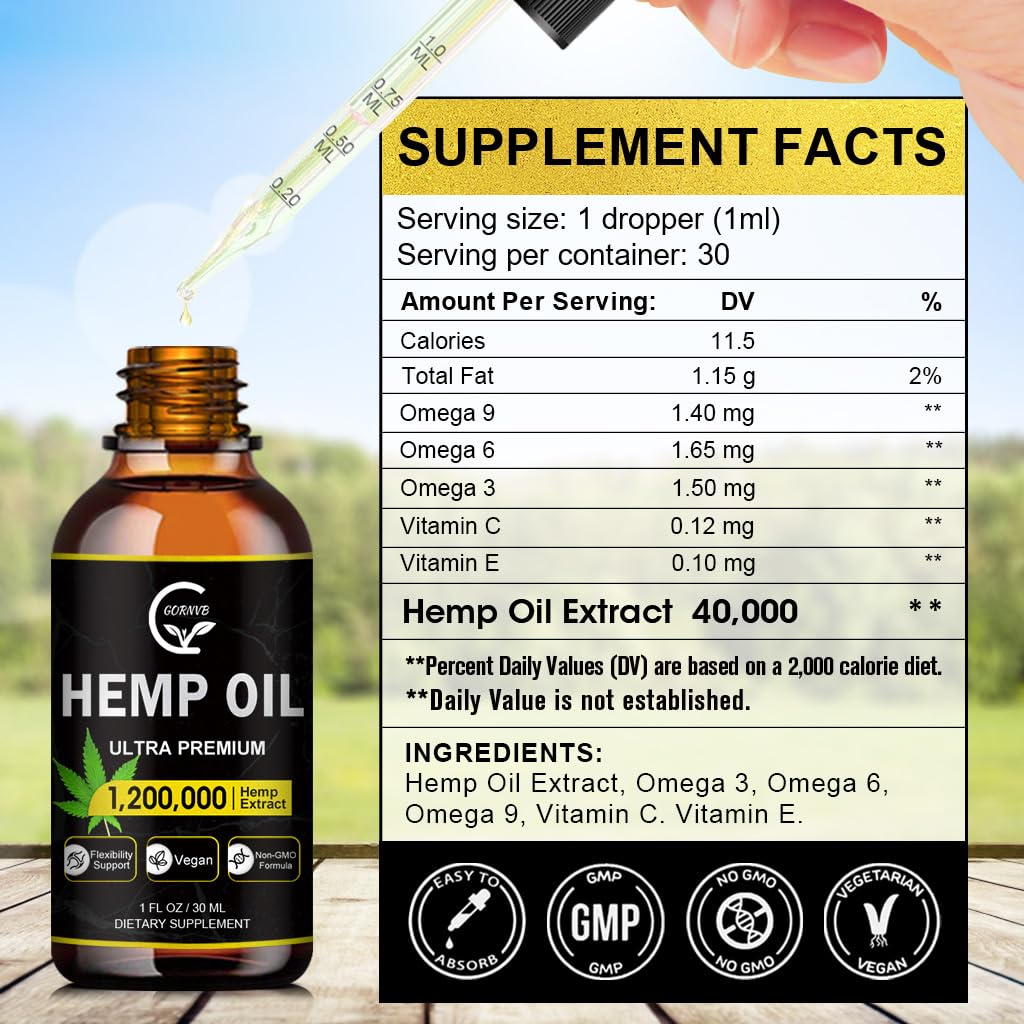 GORNVB hemp oil 2-pack bottle pour highlighting easy dropper use for calm.
